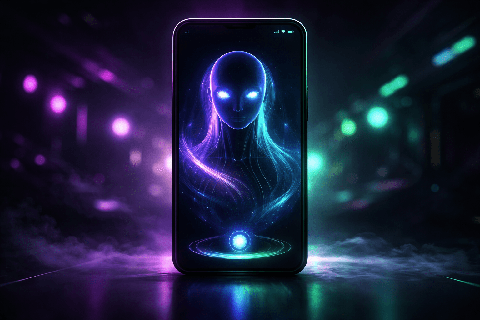 Futurystyczny chatbot AI na ekranie smartfona — asystent WhatsApp dla firm