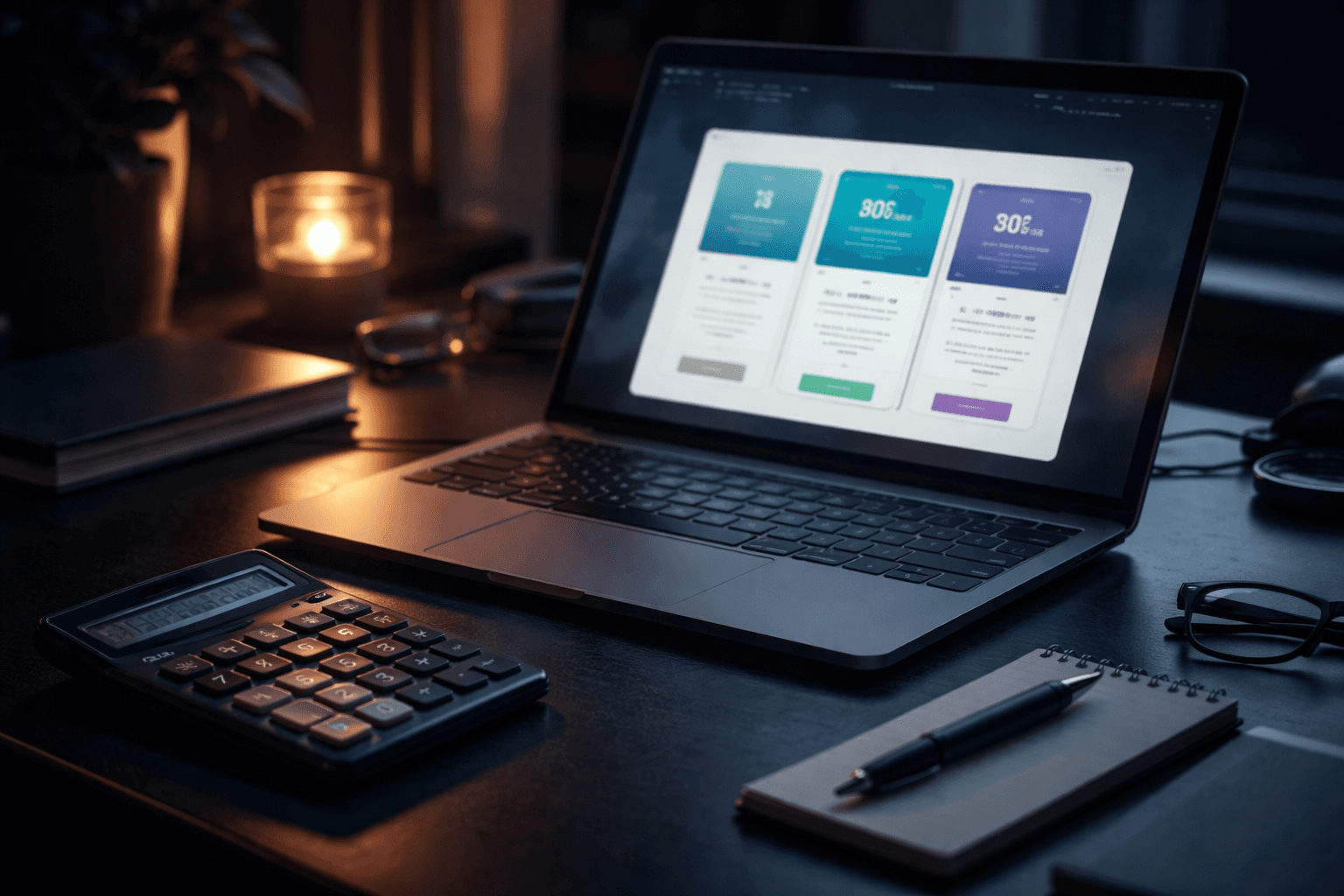 Laptop z kalkulatorem kosztów strony internetowej na ciemnym biurku