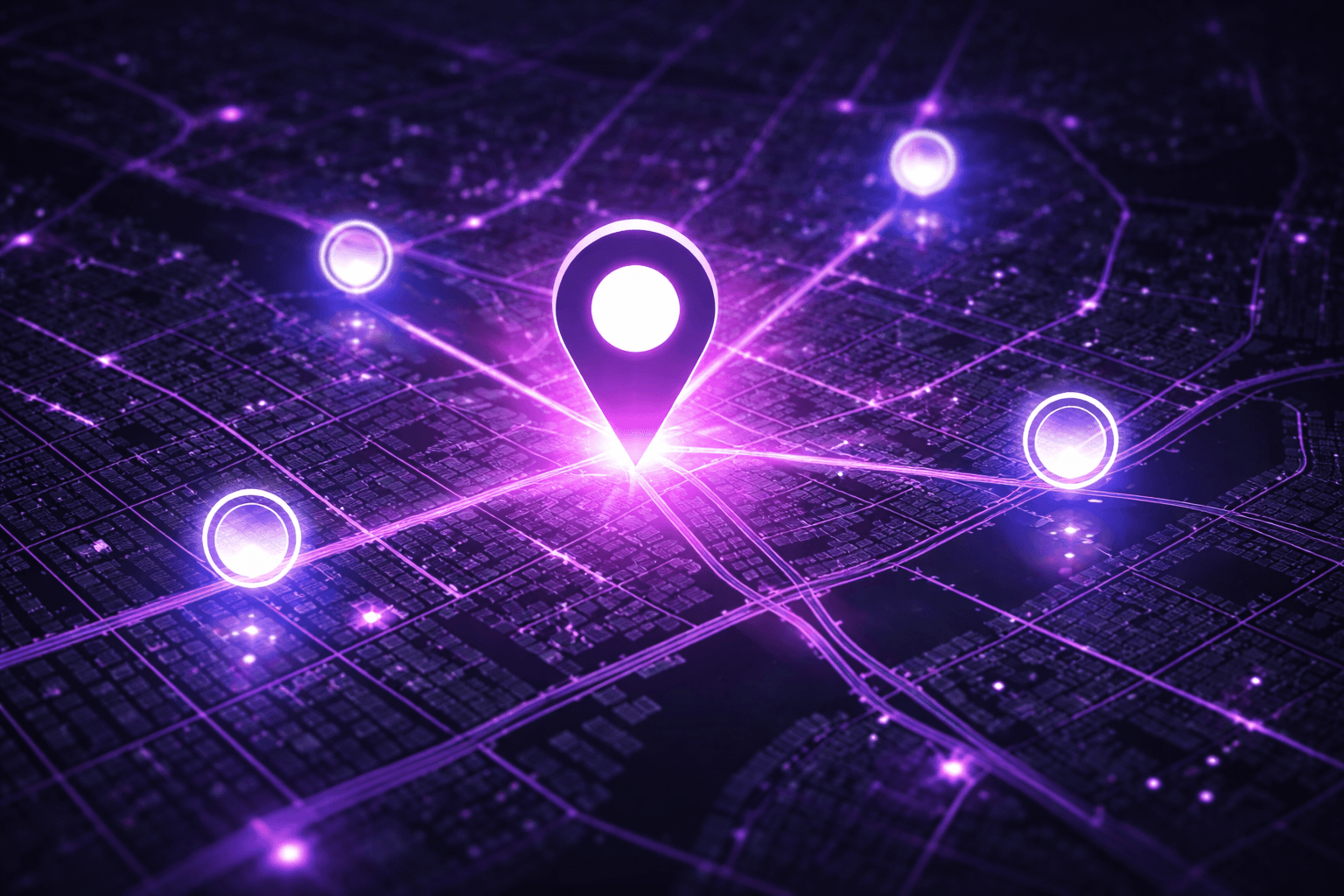 Nocna mapa miasta z pinezką lokalizacji — SEO lokalne i widoczność w Google