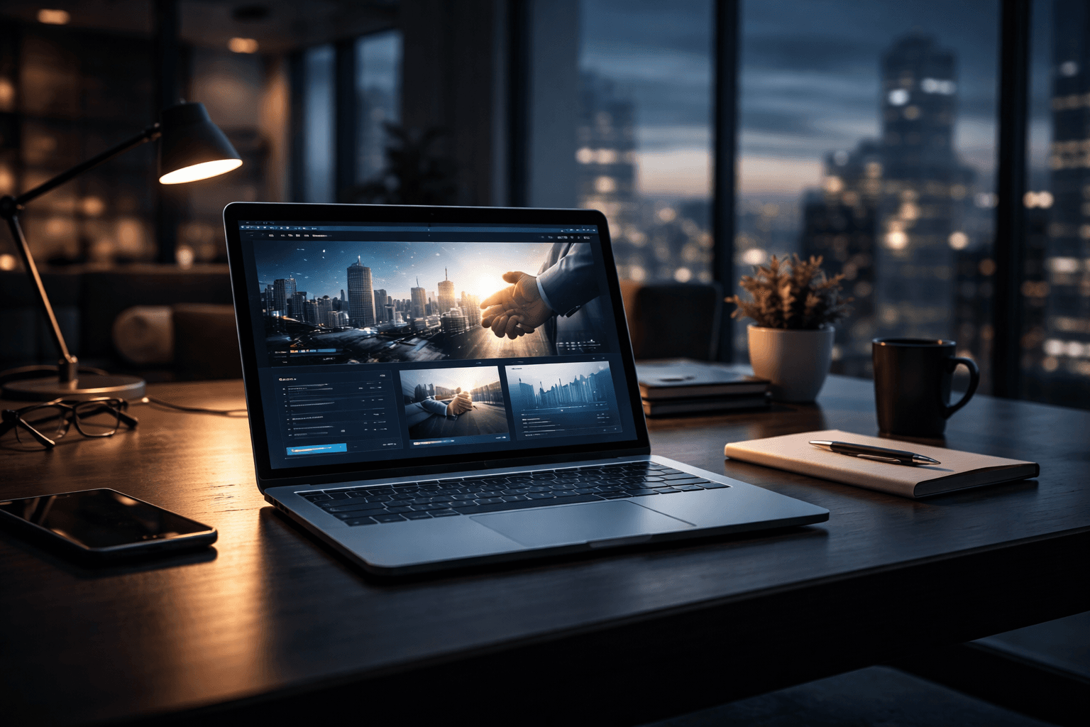 Nowoczesna strona firmowa na laptopie w ciemnym biurze — profesjonalna wizytówka online