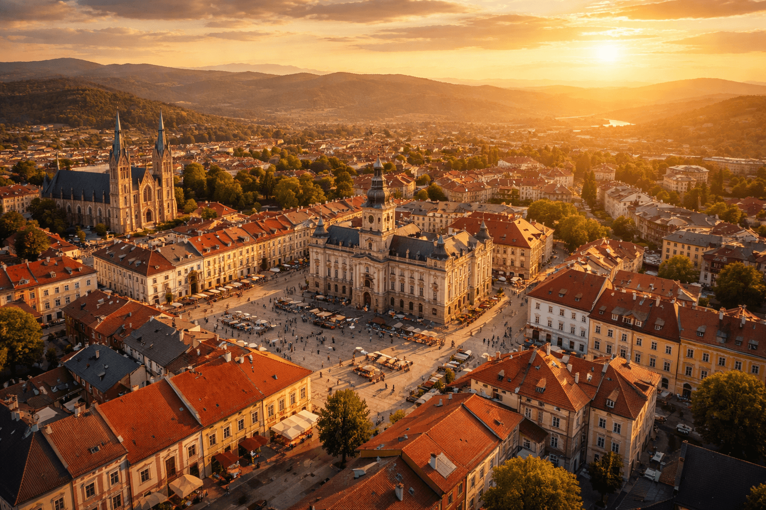 Panorama Nowego Sącza z lotu ptaka o zachodzie słońca — strony internetowe lokalnie