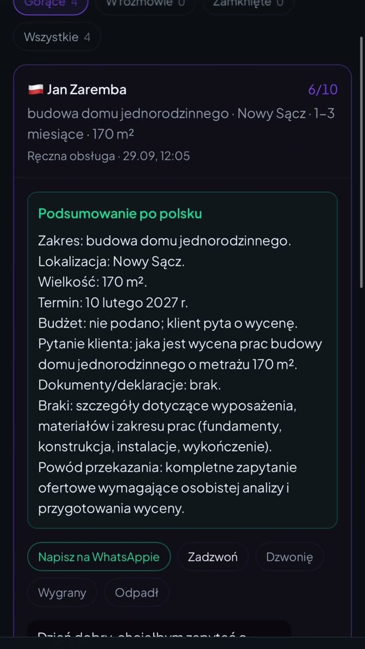Zapytania klientów w aplikacji Zaremba Construction